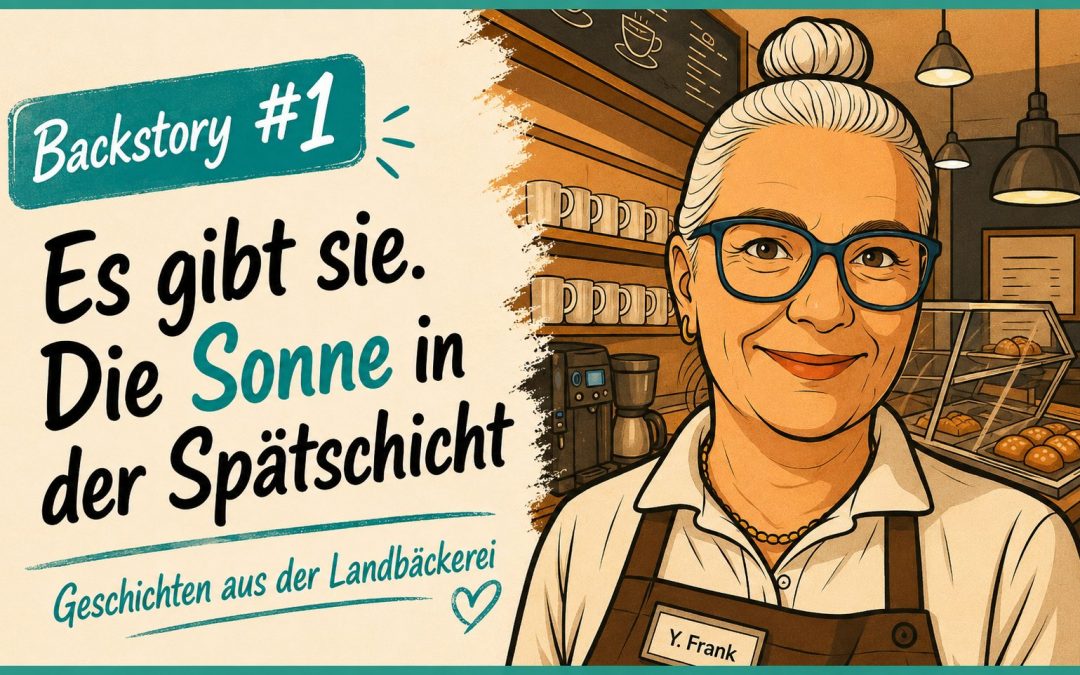 Backstory 1: Sonne in der Spaetschicht. Stilisiertes Bilkd einer Bäckerei mit der Erzählerin im Vordergrund.