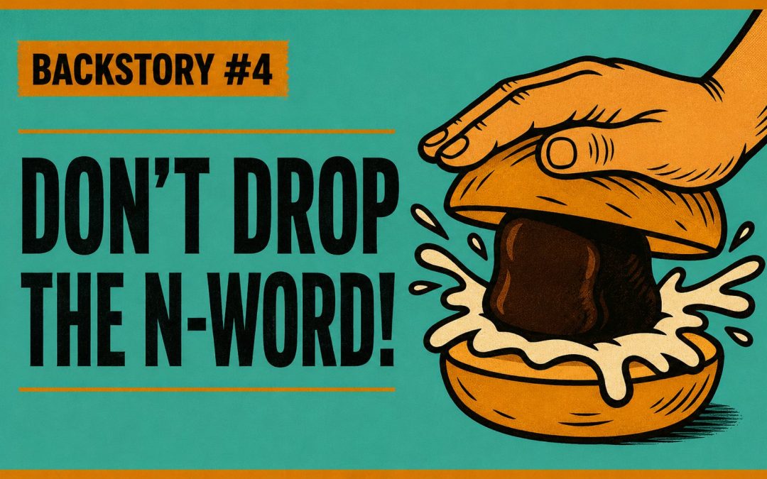 Ein Brötchen mit einem Schaumkuss und einer Hand, die das Brötchen und Schaumkuss zusammendrückt. Daneben der Schriftzug Don't drop the N-word!