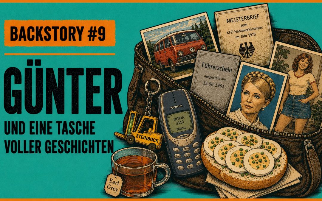 Eine abgewetzte, geöffnete dunkelbraune Umhängetasche als tragbares Archiv, aus der Erinnerungsstücke herausragen: Vintage-Nokia 3310, gelber Gabelstapler-Schlüsselanhänger mit kleiner Wasserwaage, Foto eines dunkelroten VW T3, grauer alter deutscher Führerschein aus den 1960er-Jahren, ein Meisterbrief zum KFZ-Handwerksmeister 1975, ein Foto einer Frau mit geschlossenem geflochtenem Haarkranz, ein Foto einer Frau im Minirock. Ein Glas Earl-Grey-Tee, eine Brötchenhälfte mit genau sieben Scheiben Schnittei und Schnittlauch.