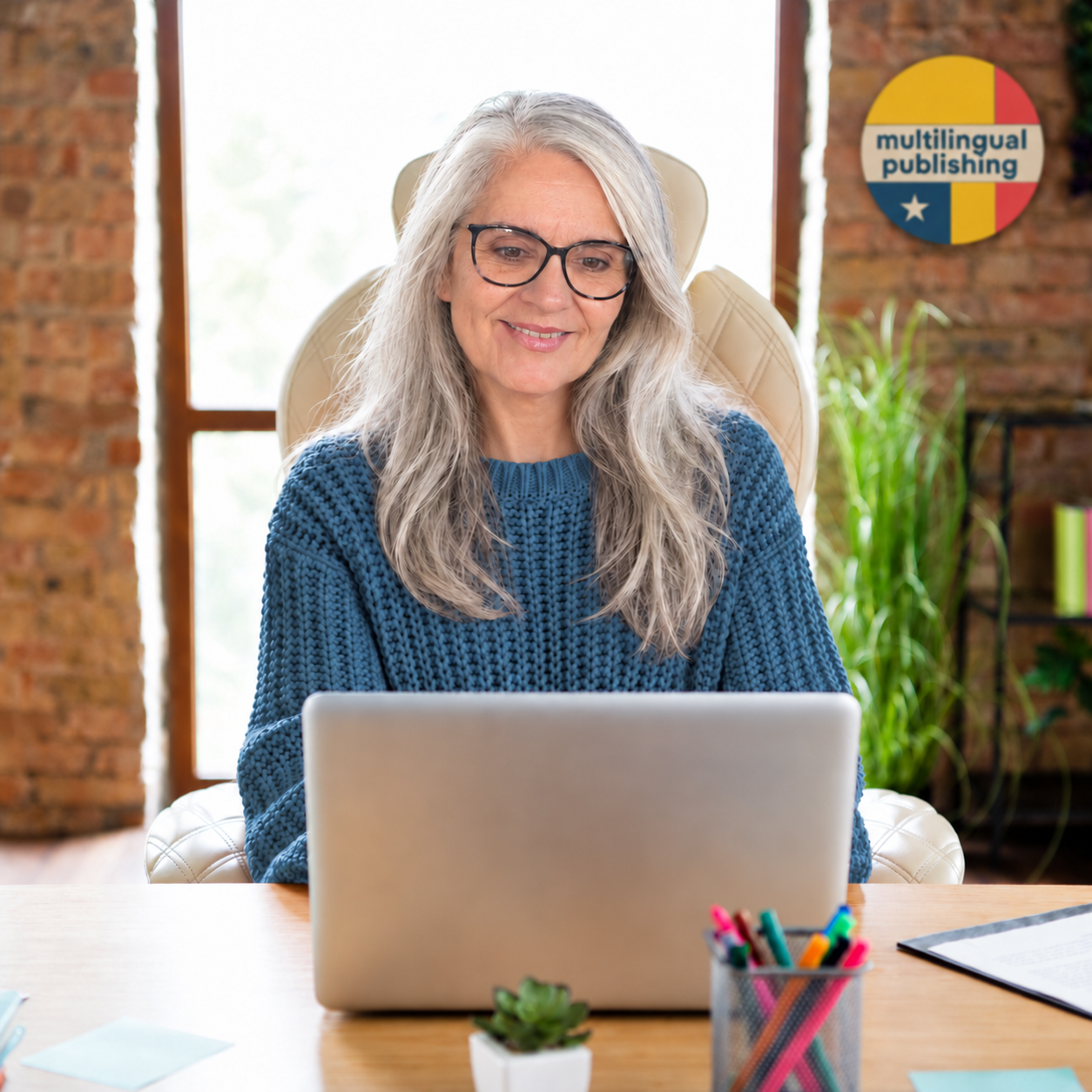 Yvonne sitze vor ihrem aufgeklappten Laptop in einer Online Session und optimiert ein Dokument eines Kunden.